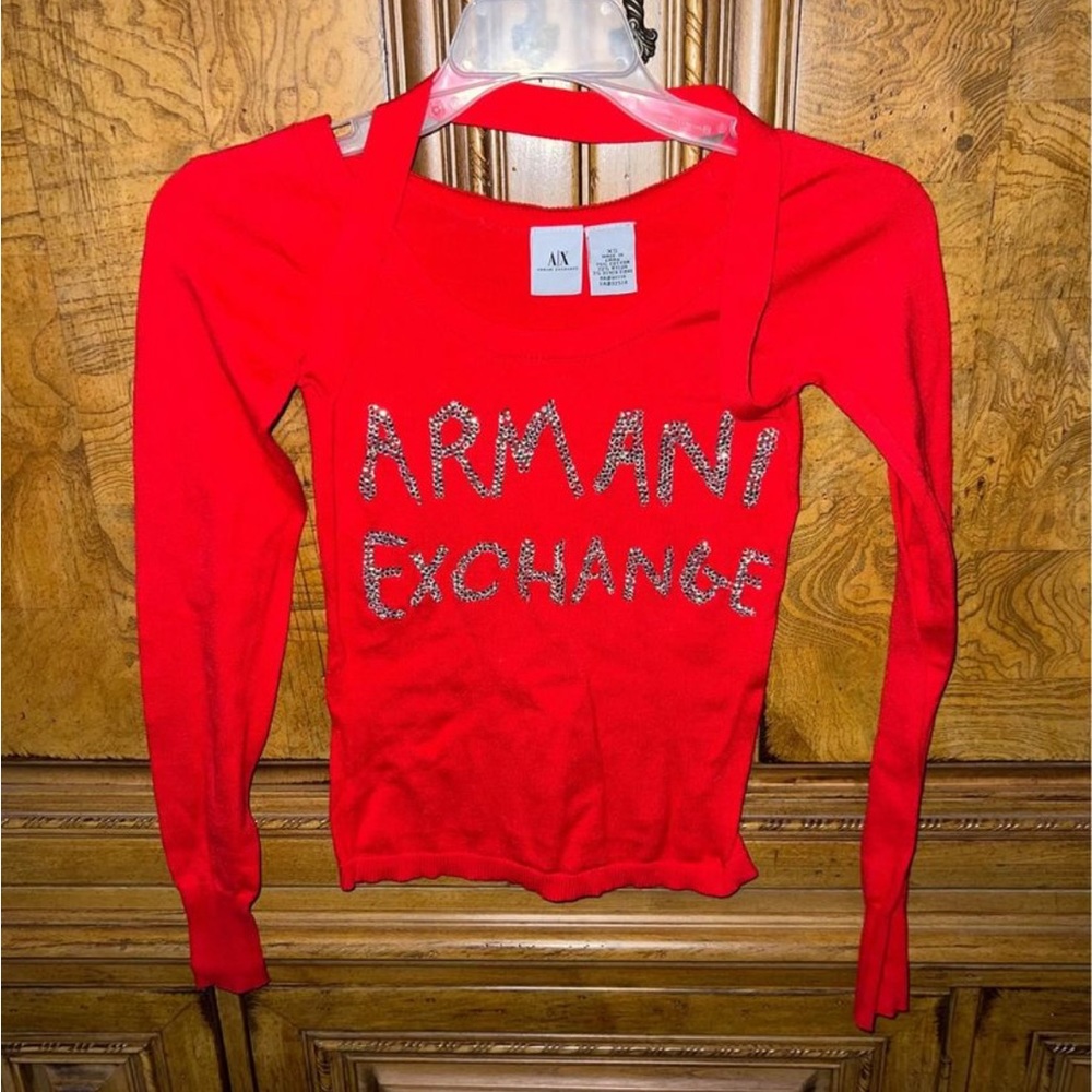 Vintage Armani Exchange Early 2000s Red Jeweled Long Sleeve Sweater Size XS